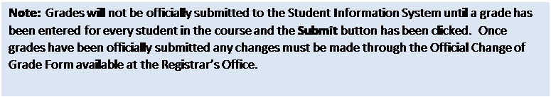 Text Box: Note:  Grades will not be officially submitted to the Student Information System until a grade has been entered for every student in the course and the Submit button has been clicked.  Once grades have been officially submitted any changes must be made through the Official Change of Grade Form available at the Registrars Office.


