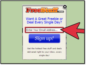 Arrow pointing to Enter your email address for Free Stuff. com SPAM screenshot