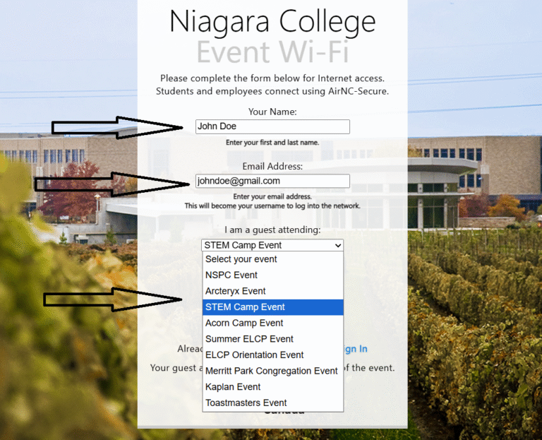 Event Wireless Step 3, Fill in name, email, pick Event, check I accept, click Register