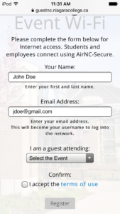 Step 4, Fill in name, email, event, accept terms
